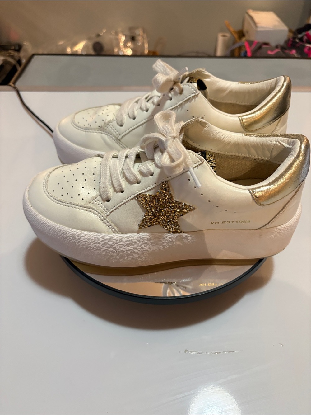 Vintage Havana White Platform Sneakers with Gold Glitter Star
